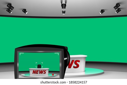 camera and white table on green background in the news studio room