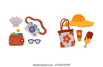 Camera, Wide Brimmed Hat and Wallet as Travel and Tourist Item Vector Set