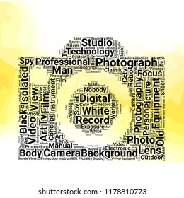 Camera word cloud vector design creative concept. Camera icon shape. Trendy vector word collection.