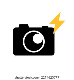 Icono de flash de cámara y cámara amarilla. Disparo rápido. Vector.