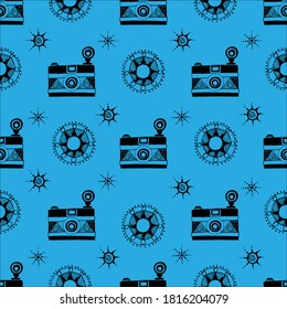 camera with a zentangle pattern on a blue background