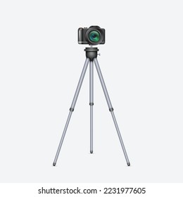 Camera with zoom lens on tripod realistic. Electronic photo video professional device for shooting content in studio. Photograph blogger vlogger equipment for multimedia creation. Vector illustration