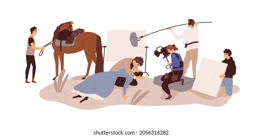 Cameraman, actors and assistants at film-making process. Backstage of video industry crew shooting historical movie with camera and microphone. Flat vector illustration isolated on white background