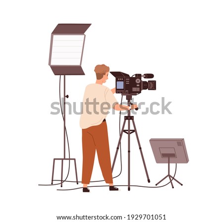 Cameraman adjusting camera before shooting video. TV-operator or videographer with professional studio equipment and light panels. Colored flat cartoon vector illustration isolated on white background