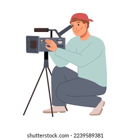 Cameraman adjusting camera on tripod for shooting video. TV-operator or videographer with professional studio equipment, flat cartoon vector illustration