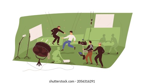 Cameraman, assistants and actors at film-making process, recording fight scene of action movie in chromakey studio. Backstage of video production. Flat vector illustration isolated on white background