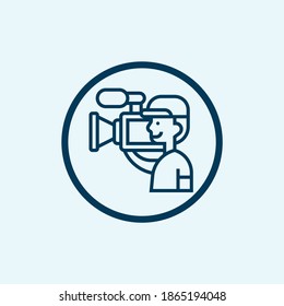 Cameraman black glyph icon. Filmmaking and videography. Cinematography industry. Professional camera operator. Movie shooting. Silhouette symbol on white space. Vector isolated illustration