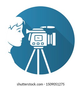 Cameraman blue flat design long shadow glyph icon. Videorecording, filming. Videographer, operator with camera. Video journalist, reporter. Filmmaking industry. Vector silhouette illustration