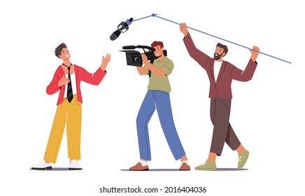 Cameraman with Camera and Crew Holding Microphone Recording Interview with Male Character. Journalist or Tv Reporter Profession, Breaking News, Mass Media Industry. Cartoon People Vector Illustration