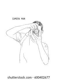 Cameraman with camera. Hand drawn sketch line art vector.