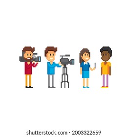 Cameraman And Camera, Reporter, Interview. Pixel Art. Old School Computer Graphic. 8 Bit Video Game. Game Assets 8-bit Sprite. 16-bit.