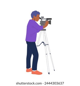 Cameraman cartoon character filming movie standing with camera on tripod vector illustration