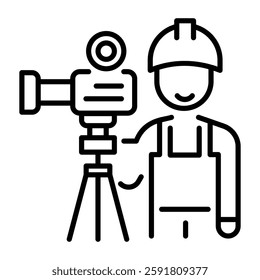 Cameraman character with camera stand, linear icon 