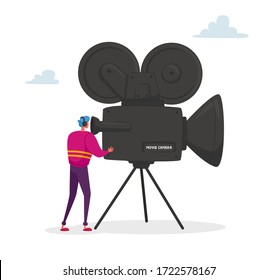 Cameraman Character Looking Through Movie Camera on Tripod Taking Video. Cinema and Cinematography Industry with Moviemaker and Videocamera. Operator Shooting Scene. Cartoon Vector Illustration