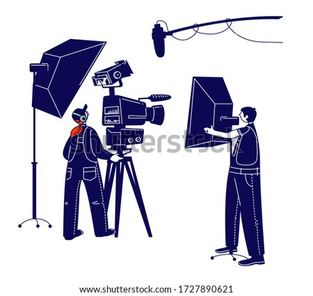 Cameraman Character Looking Through Movie Camera on Tripod Taking Video. Cinema and Cinematography Industry with Moviemaker and Light Equipment. Operator Shoot Scene. Linear People Vector Illustration