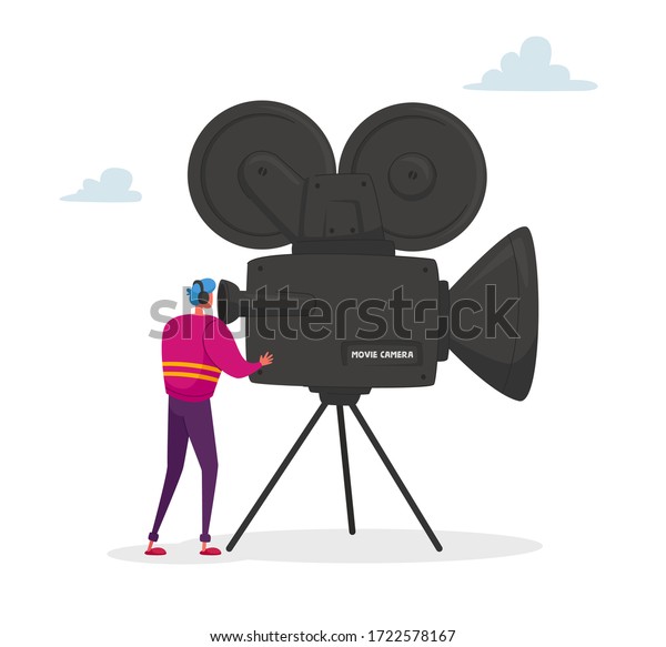 Cameraman Character Looking Through Movie\
Camera on Tripod Taking Video. Cinema and Cinematography Industry\
with Moviemaker and Videocamera. Operator Shooting Scene. Cartoon\
Vector Illustration
