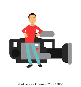 Cameraman character standing next to a giant professional camera vector Illustration