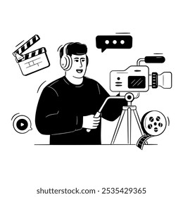 Câmera, câmera, vídeo, estúdio, filme, filme, cinegrafista, televisão, operador, jornalista. Ilustração vetorial