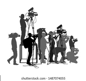 Cameraman crew follows event vector silhouette isolated on white. Concert reporter on duty. Breaking news in studio. Broadcast in live election presentation. Video technology. Camera man outdoor job