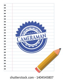 Cameraman draw with pen effect. Blue ink. Vector Illustration. Detailed.