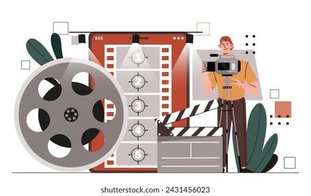 Cámara con equipo. Hombre con cámara y carrete de cinta. Industria cinematográfica, producción de películas y series. El tipo dispara contenido interesante. Ilustración plana del vector de la historieta aislada sobre fondo blanco