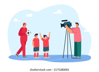 Cameraman Filming Coach Or Father With Kids In Uniform. Man With Professional Camera Recording Children And Trainer Flat Vector Illustration. Sports, Interview Concept For Banner Or Landing Web Page