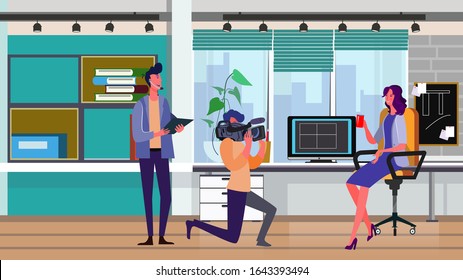 Cameraman filming woman with cup at office workplace. Director, crew, shooting flat vector illustration. Reportage, footage, video commercial concept for banner, website design or landing web page