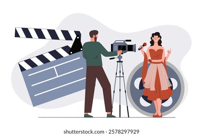 A cameraman films a woman with a microphone, set against a backdrop of a clapperboard and film reel. Creative vector illustration of filmmaking