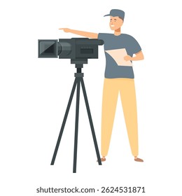 Cameraman is holding a script and pointing with his finger while working on a movie set