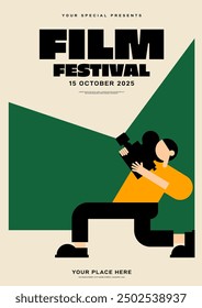 Cameraman holding vintage film camera. Movie and film festival poster template design background. Design element can be used for flyer, brochure, invitation, print, vector illustration