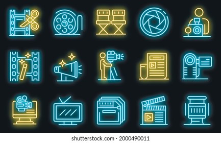 Cameraman icons set. Outline set of cameraman vector icons neon color on black