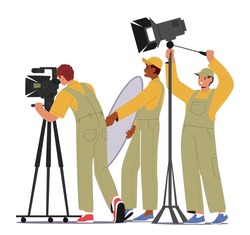 Cameraman And Light Crew Characters At Film Production, Capturing Cinematic Moments With Precision And Setting The Mood With Expert Lighting Techniques. Cartoon People Vector Illustration