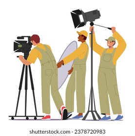 Cameraman And Light Crew Characters at Film Production, Capturing Cinematic Moments With Precision And Setting The Mood With Expert Lighting Techniques. Cartoon People Vector Illustration