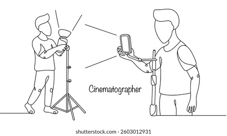 A cameraman lights a scene for a movie. A man sets up the right light on a tripod to create the right visual interpretation of the script. Work to create the right lighting. Vector illustration.