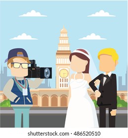 cameraman with married couple infront san fransisco ferry