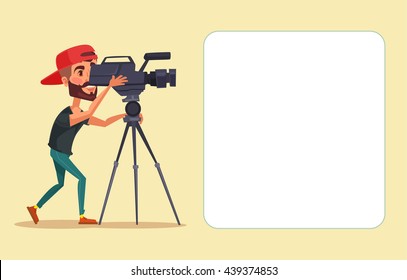 Cameraman with movie camera. Vector flat cartoon illustration