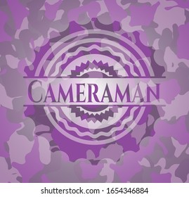 Cameraman pink camouflage emblem. Vector Illustration. Detailed.
