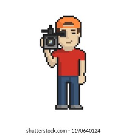 Cameraman pixel art on white background. Vector illustration.