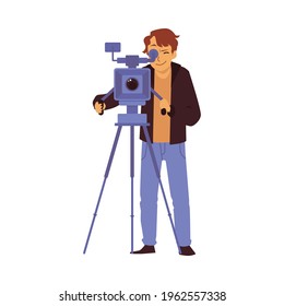 Cameraman with professional camera filming TV show or movie, flat vector illustration isolated on white background. The man is a member of film crew behind the camera.