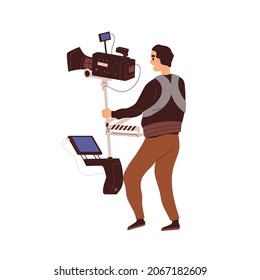 Cameraman with professional equipment of camera and screen attached to body. Movie operator shoot. Film-maker at work, video production backstage. Flat vector illustration isolated on white background