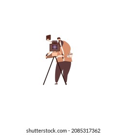 Cameraman with professional equipment of camera and screen. Movie operator shoot. Film-maker at work, video production backstage. Vector illustration.