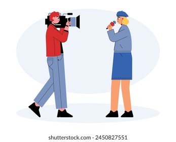 Cameraman recording reporter reporting news, journalist vector illustration.