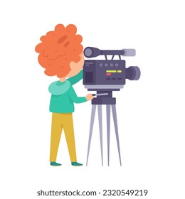 Cameraman recording video with professional camera on tripod vector illustration. Cartoon isolated videographer of film makers or TV reporters crew shooting live broadcast show in studio or movie