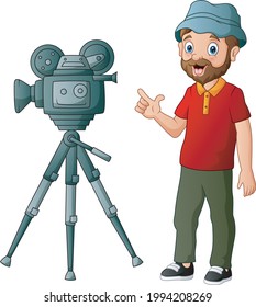Cameraman in red shirt isolated on white background