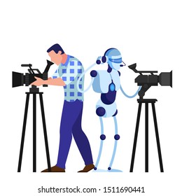 Cameraman and robot shooting movie. Video equipment, televesion occupation. Artificial intelligence. Isolated flat vector illustration