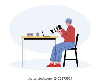 Cameraman selects images to be published in a news article, journalist vector illustration.