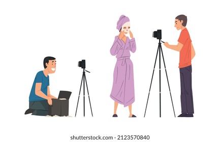 Cameraman Shooting with Camera on Tripod Vector Set