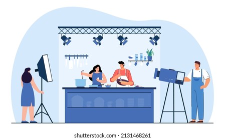 Cameraman shooting cooking TV show flat vector illustration. Popular chef and woman preparing food in studio, mixing ingredients, talking, explaining audience how to cook. Television concept