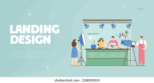 Cameraman shooting cooking TV show flat vector illustration. Popular chef and woman preparing food in studio, mixing ingredients, talking, explaining audience how to cook. Television concept