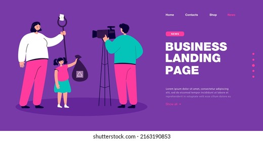 Cameraman shooting mother and daughter who picking up garbage. Vector illustration